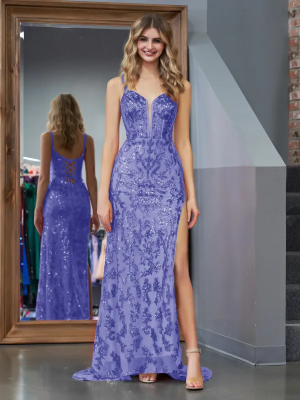 Erryn |Purple Sheath Sequins Long Prom Dress with Slit sold by KissProm