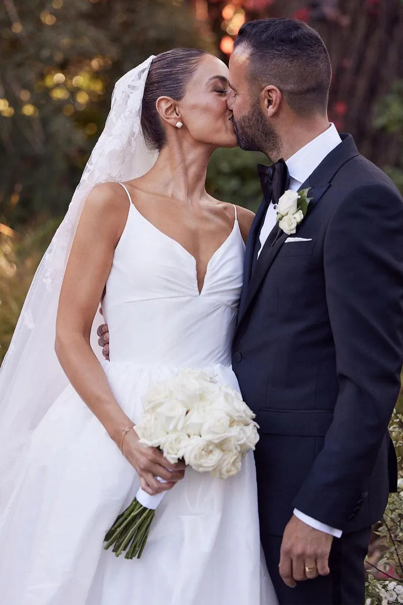 A-Line White Satin Spaghetti Straps Backless Wedding Dresses sold by KissProm product image thumbnail 2