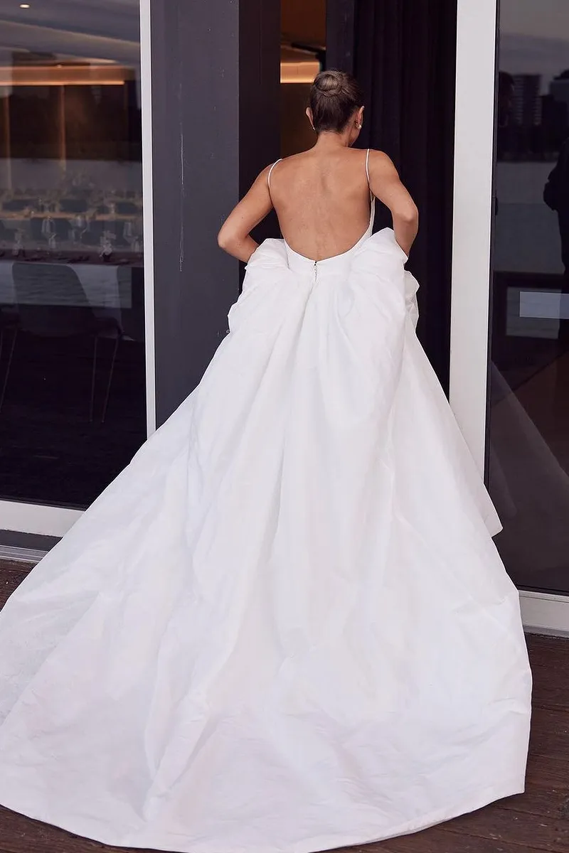 A-Line White Satin Spaghetti Straps Backless Wedding Dresses sold by KissProm product image thumbnail 4