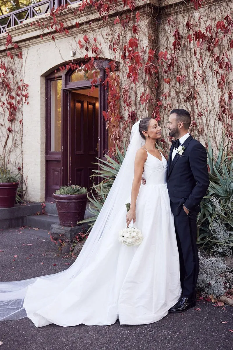 A-Line White Satin Spaghetti Straps Backless Wedding Dresses sold by KissProm