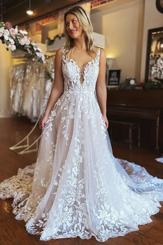 Bria | Ivory A-Line V-Neck Backless Long Lace Wedding Dress sold by KissProm