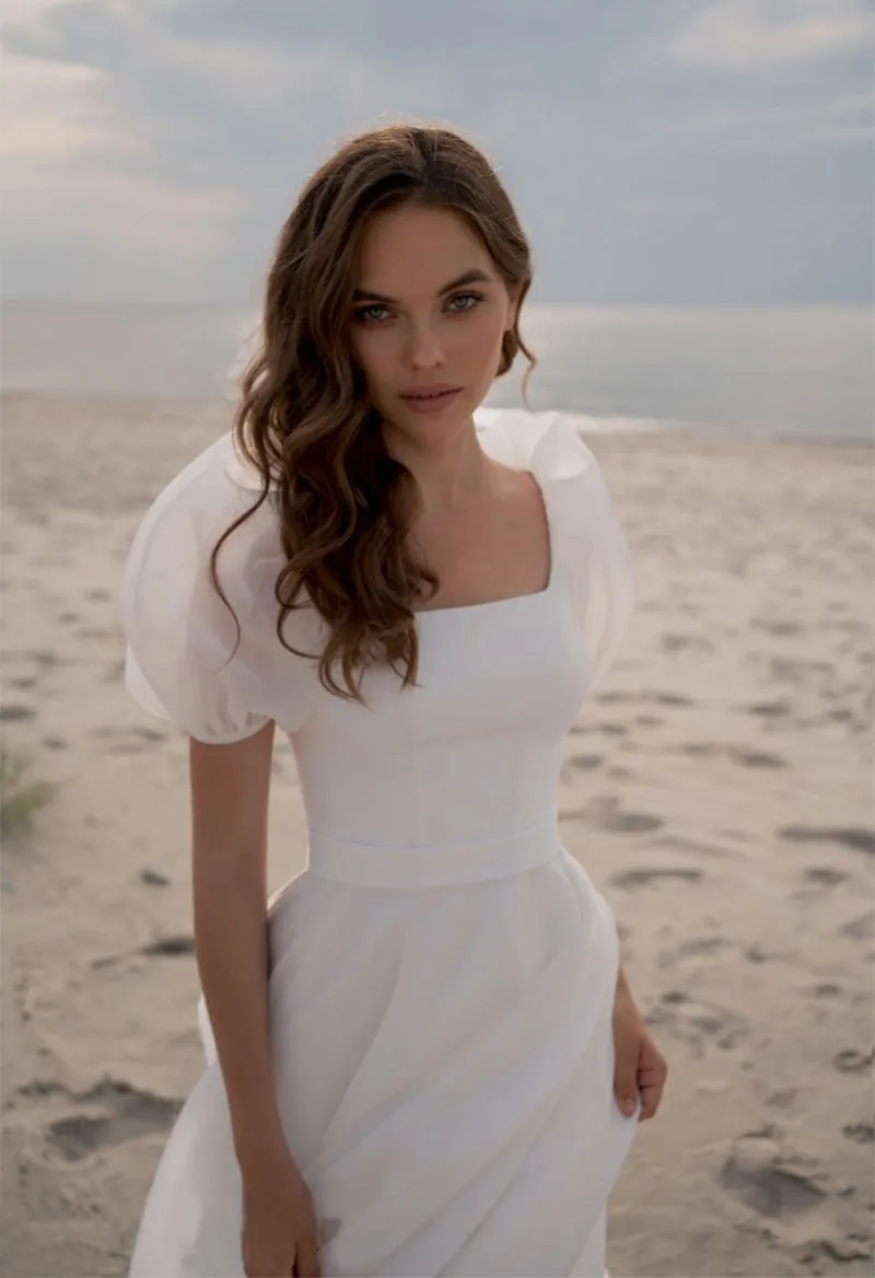 Charming A-Line Square Neck Short Sleeves Wedding Dresses with Train sold by KissProm product image thumbnail 4