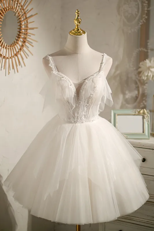 Earla | Ivory V Neck Spaghetti Straps Beading Short Homecoming Dresses sold by KissProm