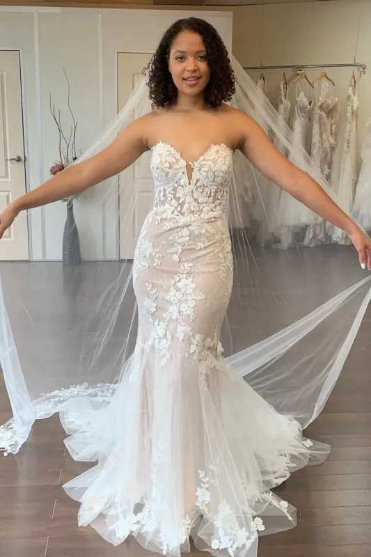 Ensley | Ivory Mermaid Sweetheart Long Wedding Dress with Lace sold by KissProm