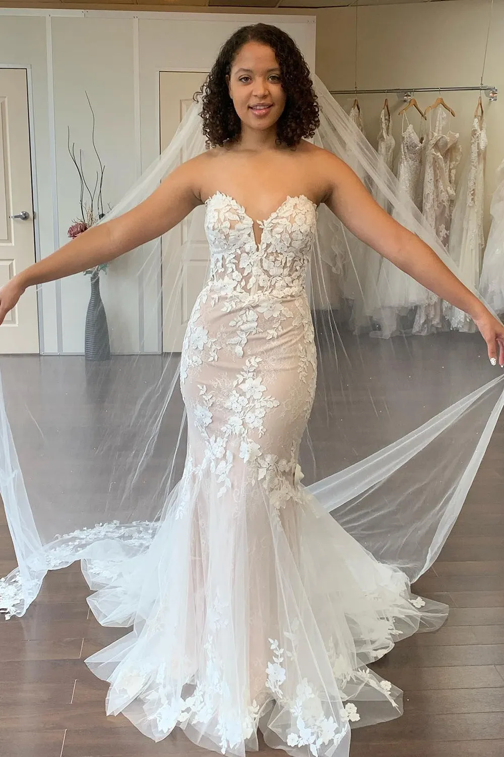 Ensley | Ivory Mermaid Sweetheart Long Wedding Dress with Lace sold by KissProm