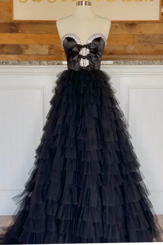 Peggy | Black Strapless Bow Ruffle Long Prom Dress with Slit sold by KissProm