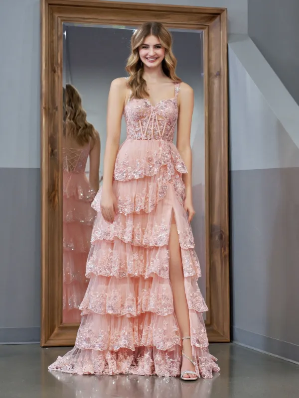 Pink Princess A Line Off the Shoulder Corset Prom Dress with Lace Ruffles sold by KissProm
