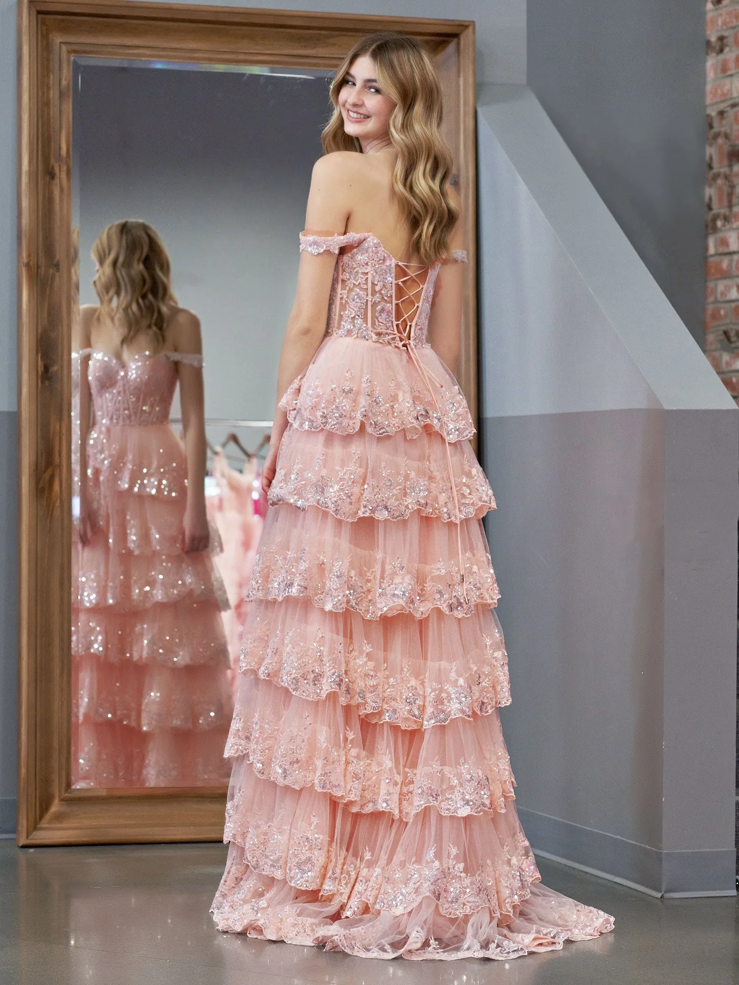 Pink Princess A Line Off the Shoulder Corset Prom Dress with Lace Ruffles sold by KissProm product image thumbnail 3