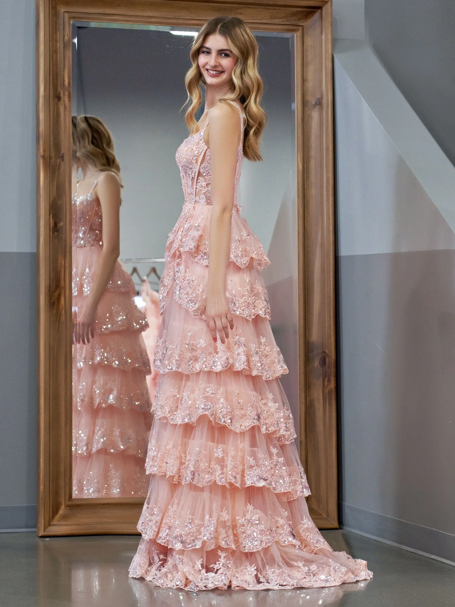 Pink Princess A Line Off the Shoulder Corset Prom Dress with Lace Ruffles sold by KissProm product image thumbnail 2