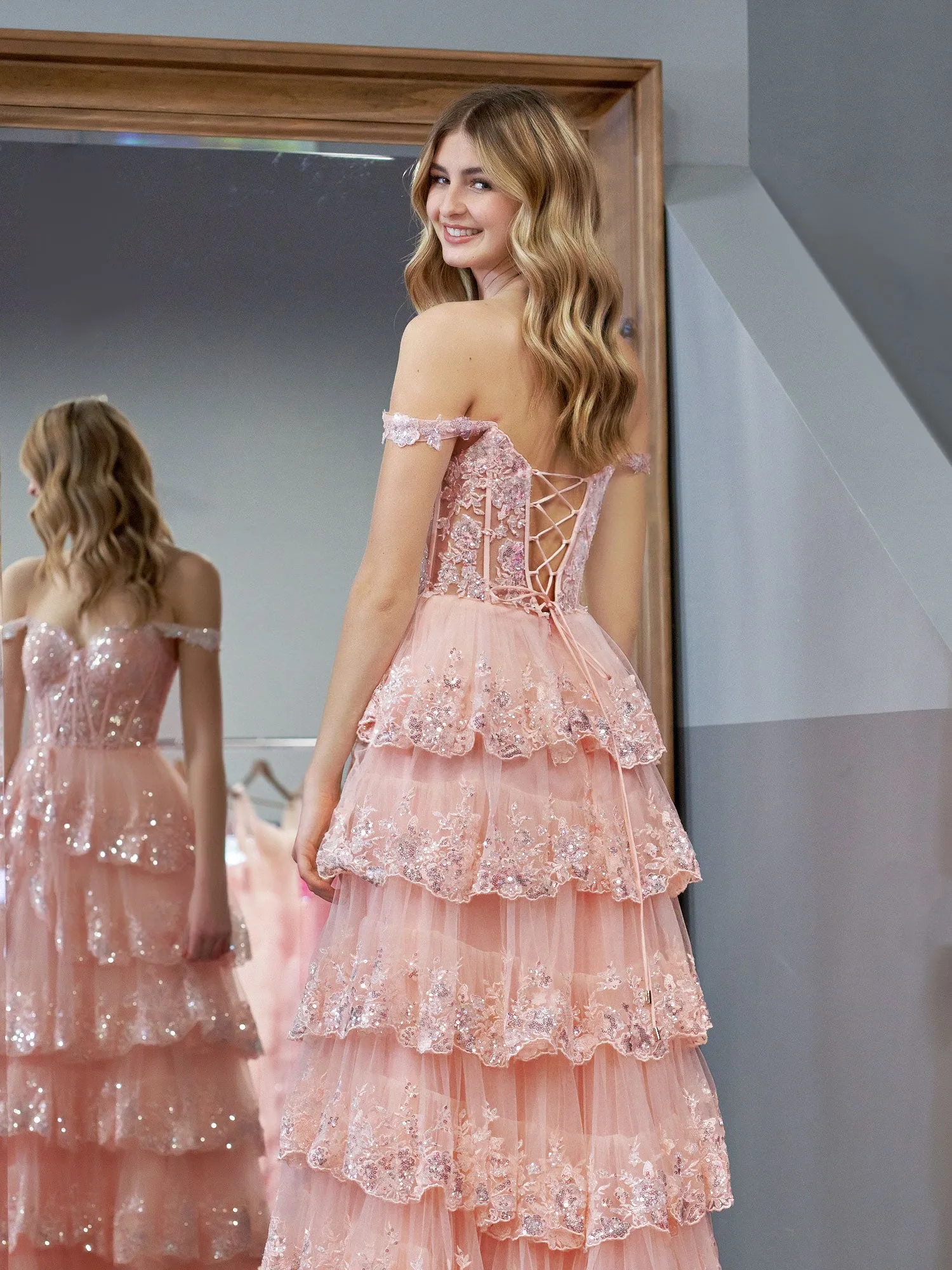 Pink Princess A Line Off the Shoulder Corset Prom Dress with Lace Ruffles sold by KissProm product image thumbnail 5