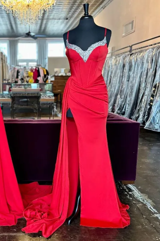 Red Beaded Queen Anne Neck Straps Long Formal Gown with Attached Train sold by KissProm
