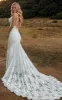 Amal | Spaghetti V-neck Mermaid Vintage Lace Flowers Sexy Backless Wedding Dress with Train sold by KissProm