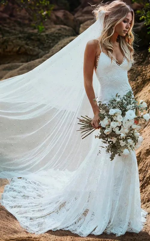 Amal | Spaghetti V-neck Mermaid Vintage Lace Flowers Sexy Backless Wedding Dress with Train sold by KissProm