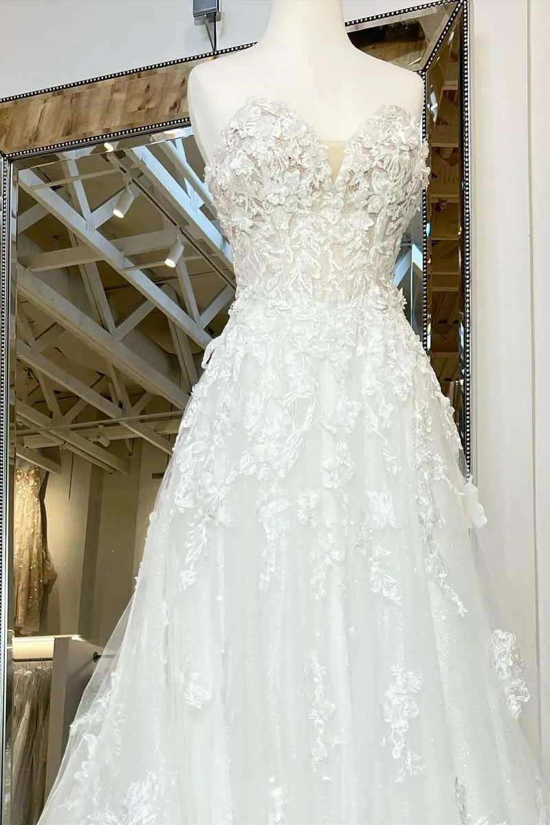 A-Line White Floral Applique Sweetheart Long Wedding Dress with Sweep Train sold by KissProm product image thumbnail 2