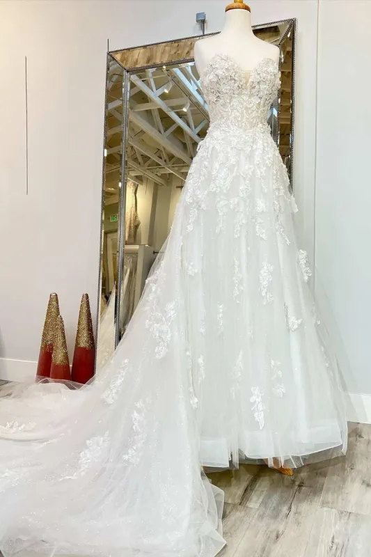 A-Line White Floral Applique Sweetheart Long Wedding Dress with Sweep Train sold by KissProm
