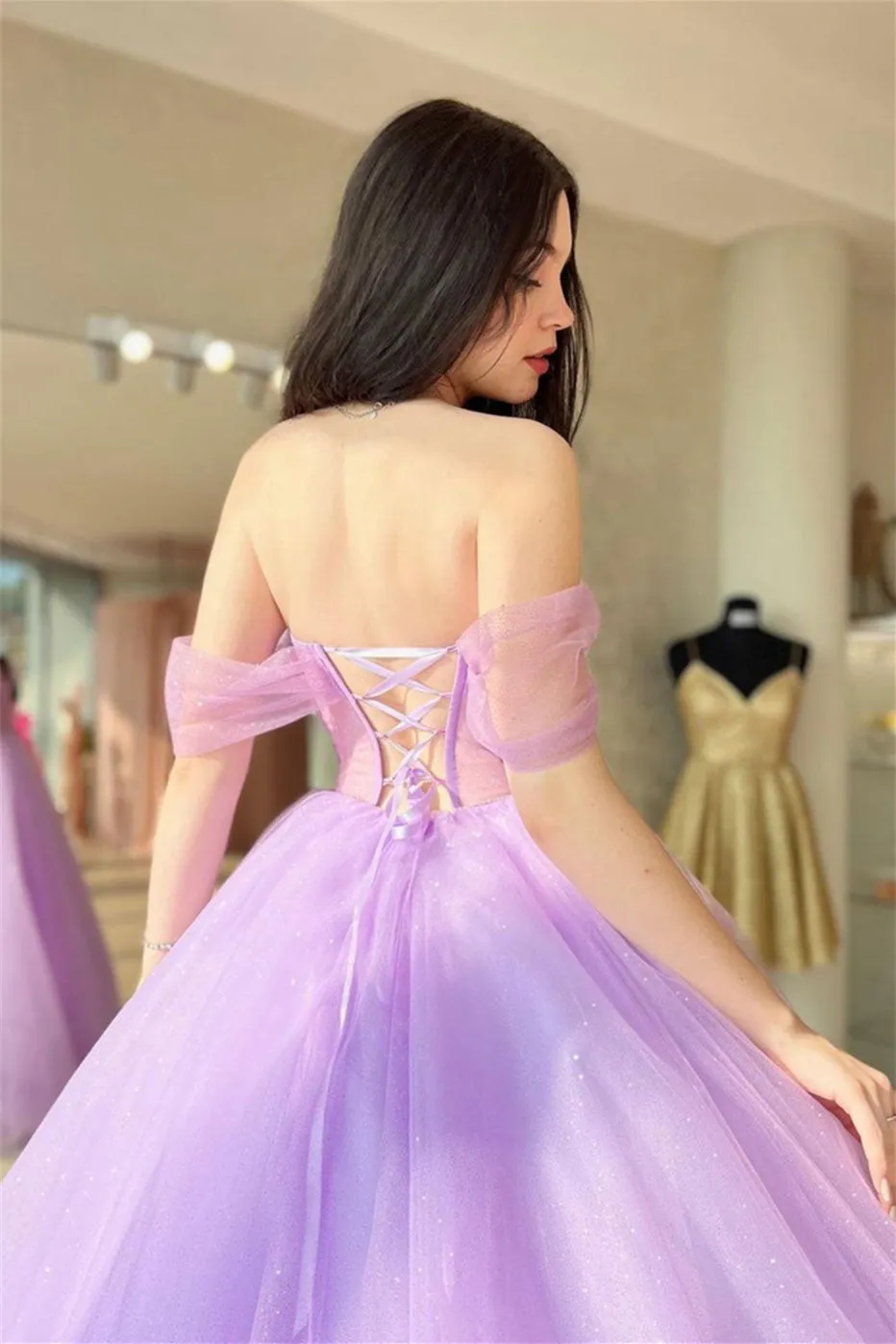 Tia | Lilac Off-the-Shoulder Lace-Up Tulle Long Prom Dress sold by KissProm product image thumbnail 2