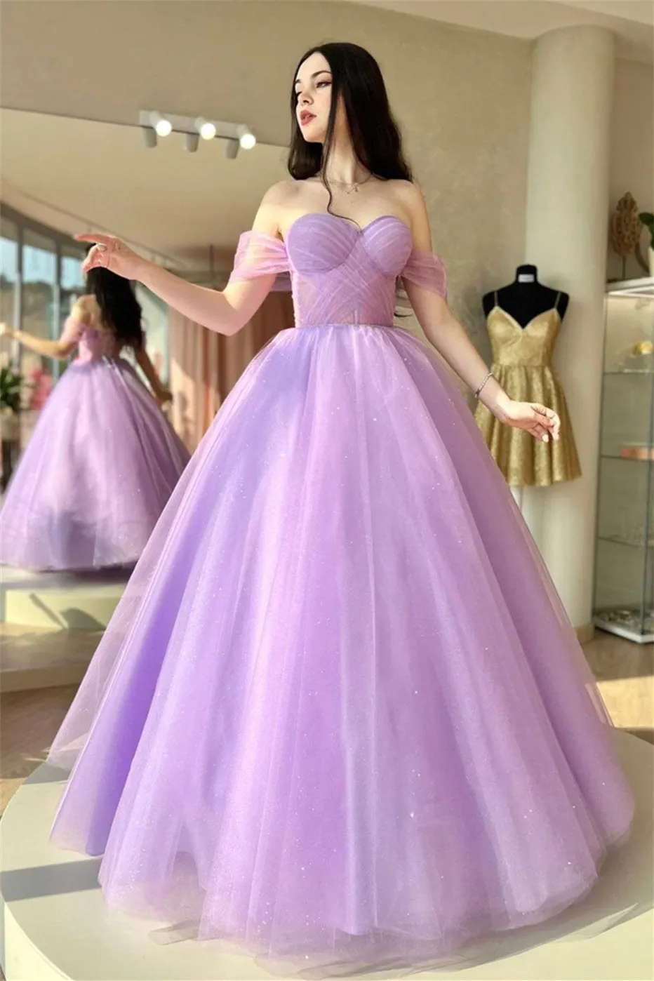 Tia | Lilac Off-the-Shoulder Lace-Up Tulle Long Prom Dress sold by KissProm
