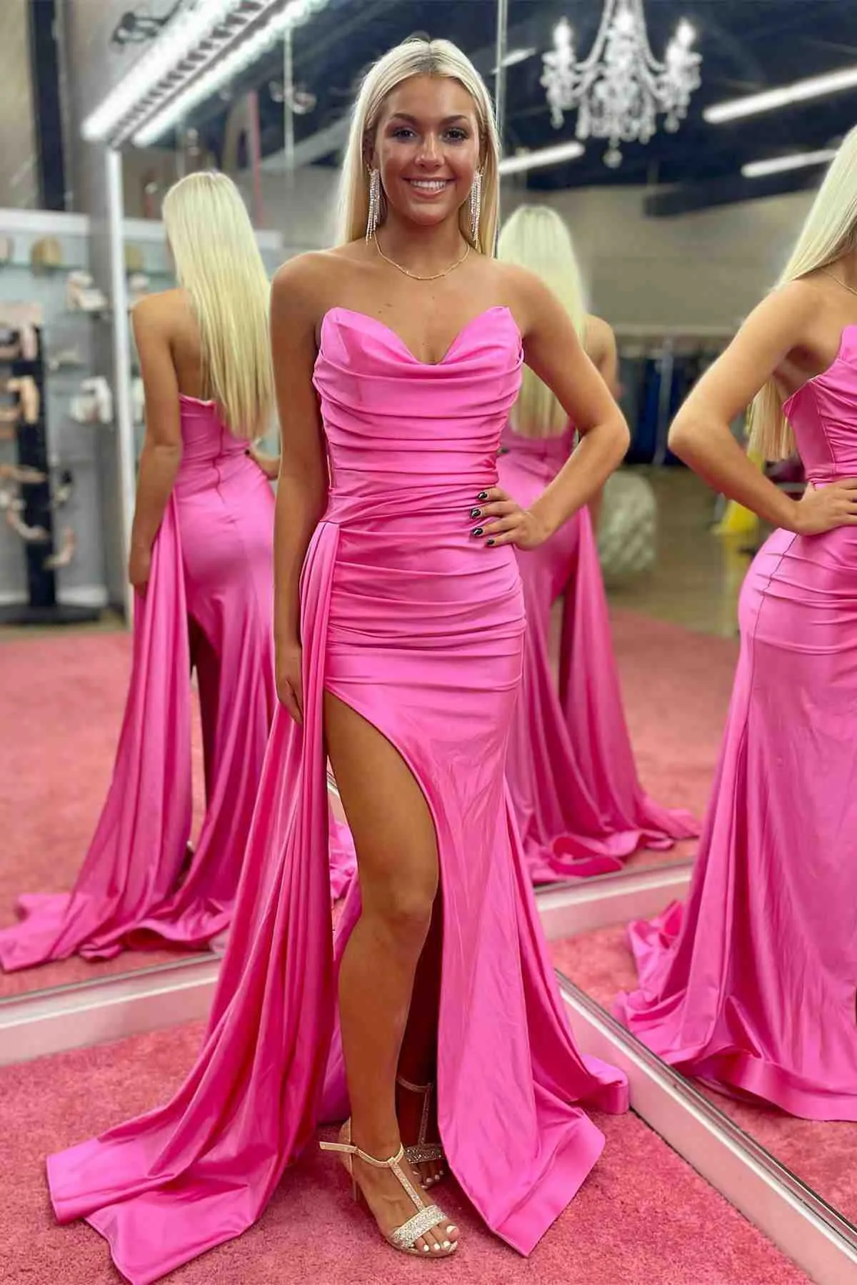 Strapless Hot Pink Pleated Long Prom Dress with Slit sold by KissProm