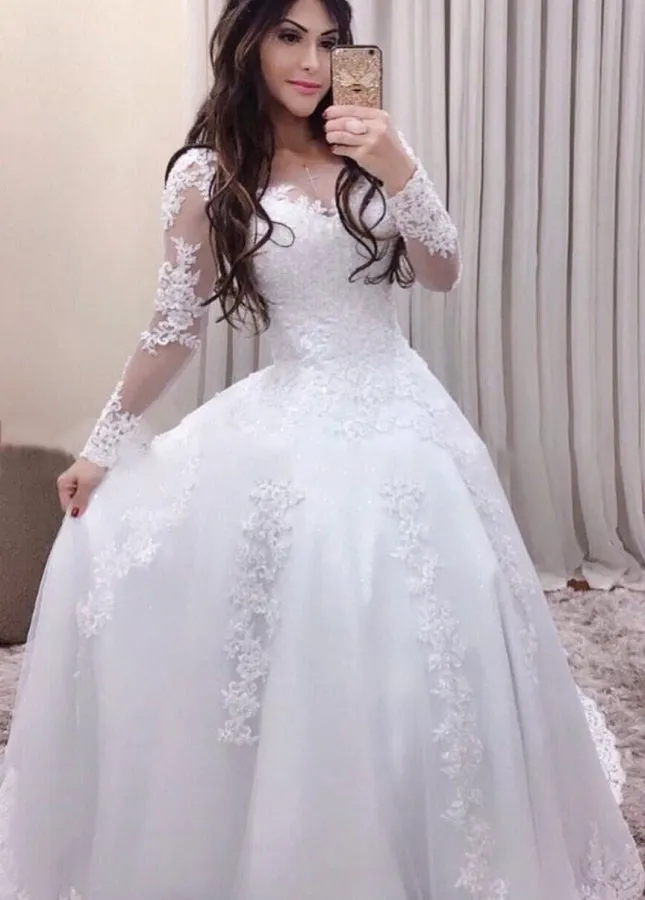 Appliques Lace Long Sleeves A-Line Sweetheart Wedding Dresses sold by KissProm