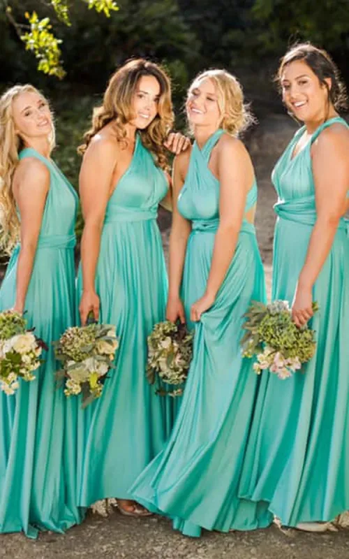 A Line Halter Neck Jersey Bridesmaid Dress With Half Sleeves And Straps Back sold by KissProm