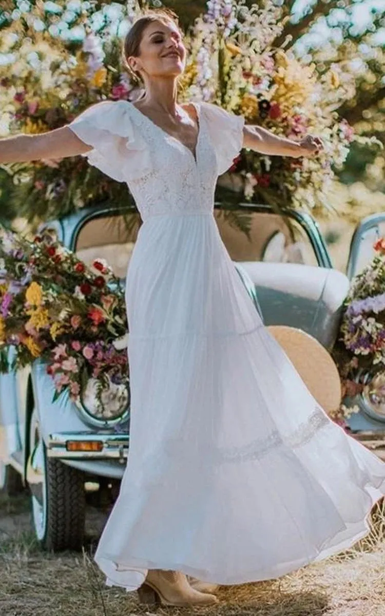 A Line V-neck Lace Floor-length Short Sleeve Wedding Dress with Ruffles sold by KissProm