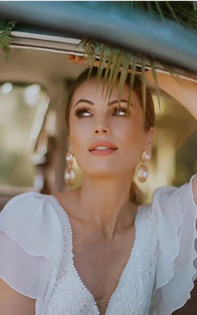 A Line V-neck Lace Floor-length Short Sleeve Wedding Dress with Ruffles sold by KissProm product image thumbnail 3