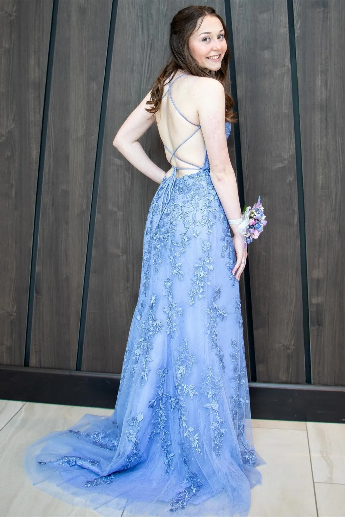 Mermaid Straps Royal Blue Slit Long Prom Dress with Appliques sold by KissProm product image thumbnail 3