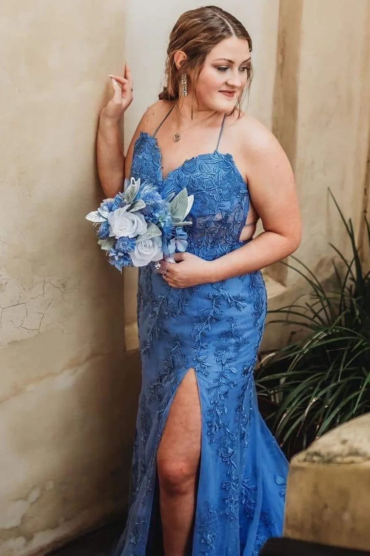 Mermaid Straps Royal Blue Slit Long Prom Dress with Appliques sold by KissProm product image thumbnail 5