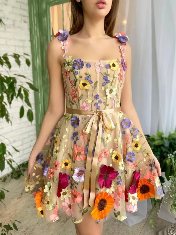 Sophie | A Line Floral Short Homecoming Dress With 3D Flowers sold by KissProm