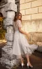 Jayline | Tea Length Sleeves Ethereal Modern A-Line V-Neck Button Back Wedding Dress sold by KissProm