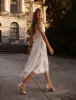 Jayline | Tea Length Sleeves Ethereal Modern A-Line V-Neck Button Back Wedding Dress sold by KissProm