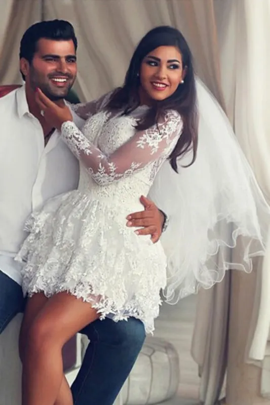 Fiorella | A-Line Scoop Lace Applique Long Sleeves Short-Mini Wedding Dresses sold by KissProm