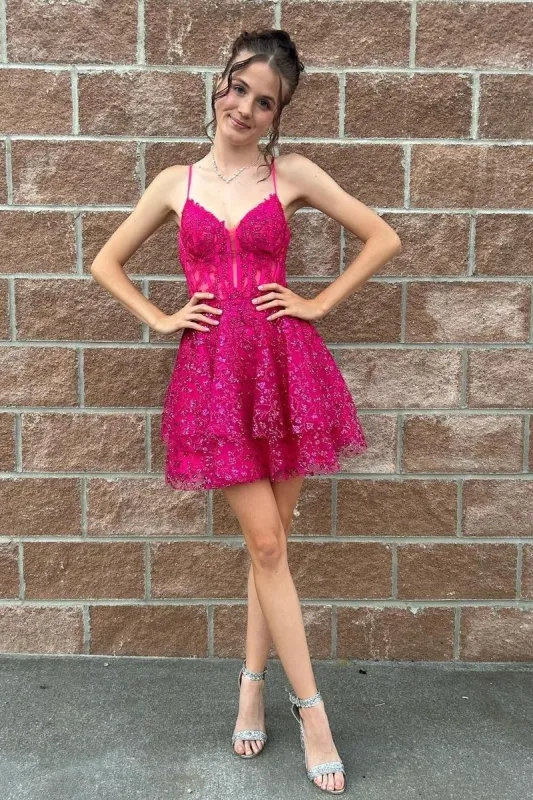 Hot Pink A-Line Sequin Lace Short Homecoming Dresses sold by KissProm