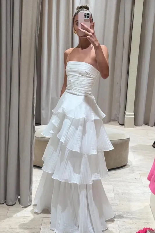 Cute A-Line  Chiffon Strapless Tiered Wedding Dresses sold by KissProm