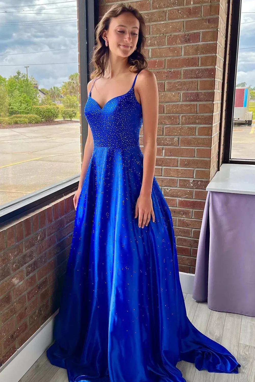Athena | A-Line Spaghetti Straps Royal Blue Long Prom Dress with Beading sold by KissProm
