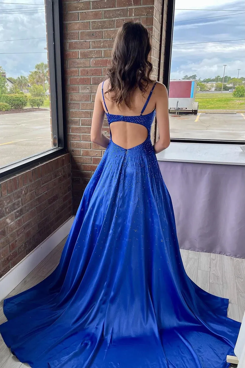 Athena | A-Line Spaghetti Straps Royal Blue Long Prom Dress with Beading sold by KissProm product image thumbnail 2