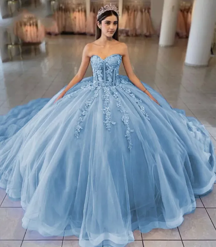 Sky Blue Ball-Gown Tulle 3D Flowers Sweetheart Quinceanera Dresses sold by KissProm