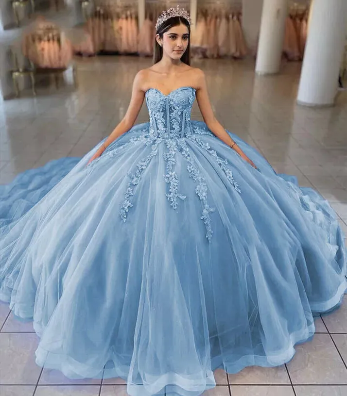 Sky Blue Ball-Gown Tulle 3D Flowers Sweetheart Quinceanera Dresses sold by KissProm