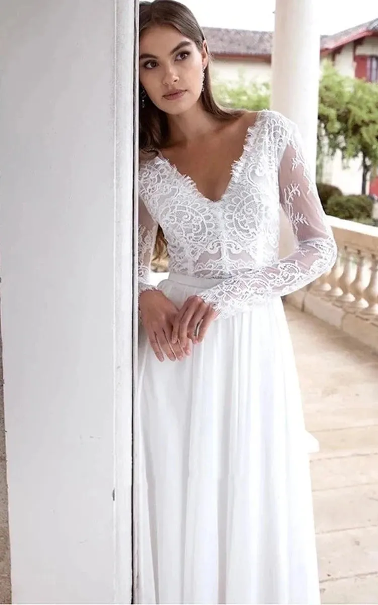 Uriahs | Romantic Modern A Line Floor-length Chiffon Lace V-neck Long Sleeve Wedding Dress sold by KissProm product image thumbnail 3