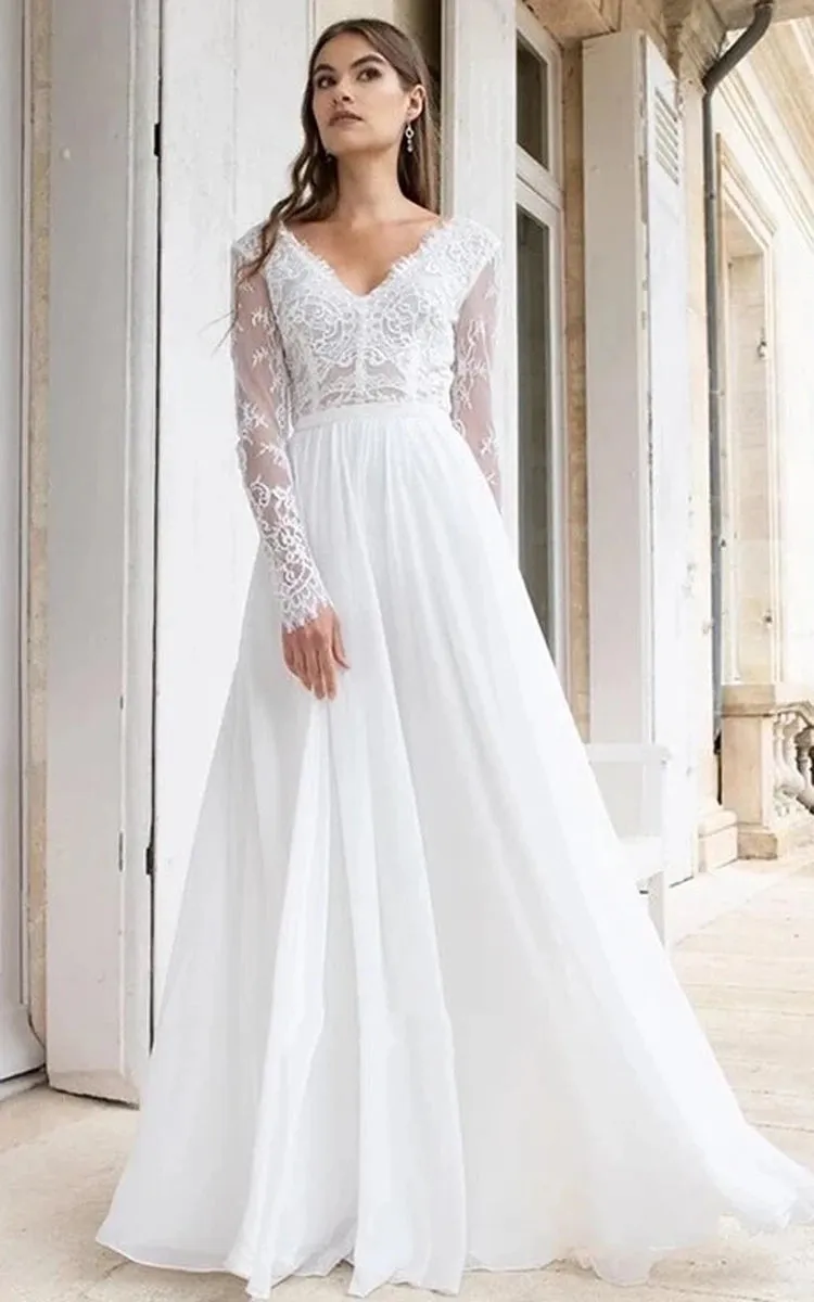 Uriahs | Romantic Modern A Line Floor-length Chiffon Lace V-neck Long Sleeve Wedding Dress sold by KissProm