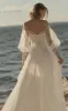 Elegant Simple Beach A-Line Lace Organza Floor Zipper Low-V BackWedding Dress with Sheer Sleeve sold by KissProm