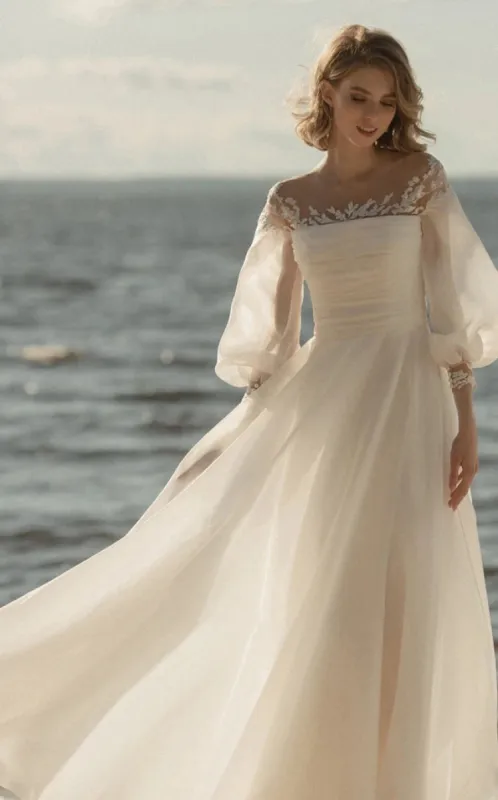 Elegant Simple Beach A-Line Lace Organza Floor Zipper Low-V BackWedding Dress with Sheer Sleeve sold by KissProm