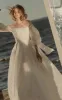 Elegant Simple Beach A-Line Lace Organza Floor Zipper Low-V BackWedding Dress with Sheer Sleeve sold by KissProm