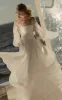 Elegant Simple Beach A-Line Lace Organza Floor Zipper Low-V BackWedding Dress with Sheer Sleeve sold by KissProm