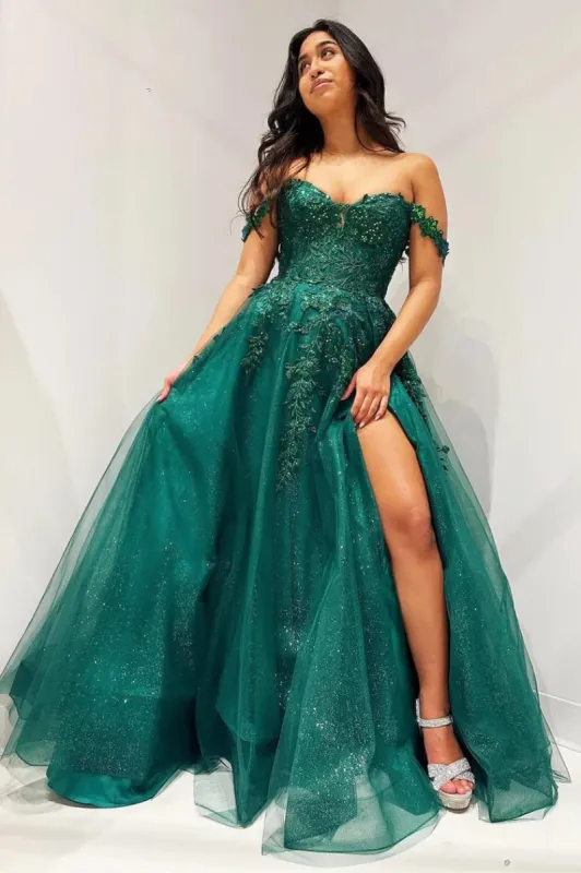 Elliana | Glitter Emerald Appliques Off-the-Shoulder A-Line Long Prom Dress sold by KissProm