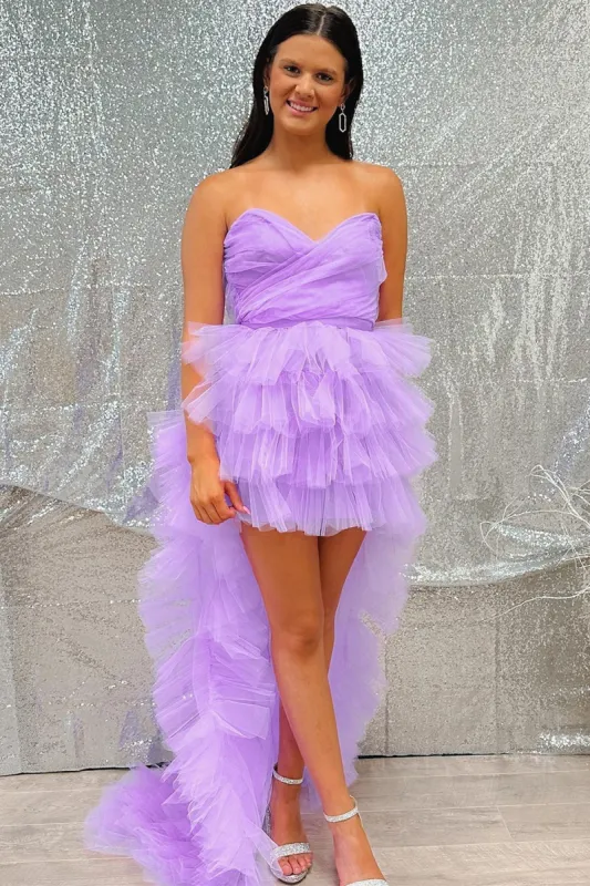 Lilac Tulle Strapless High-Low Homecoming Dress with Ruffles sold by KissProm
