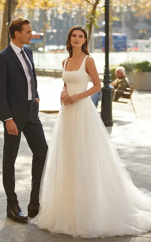 Luciana | Simple A-Line Minimalist Casual Square Tulle Wedding Dress with Sweep Train sold by KissProm
