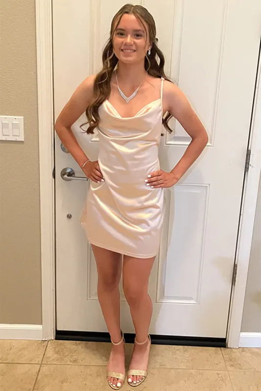 Simple Cowl Neck Champagne Satin Homecoming Dress sold by KissProm