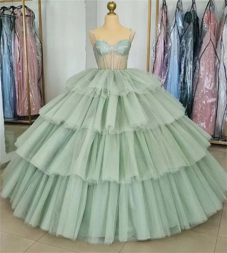 Sage Green Luxury Tiered Tulle Ruffles Beaded Ball Gown Quinceanera Dress sold by KissProm