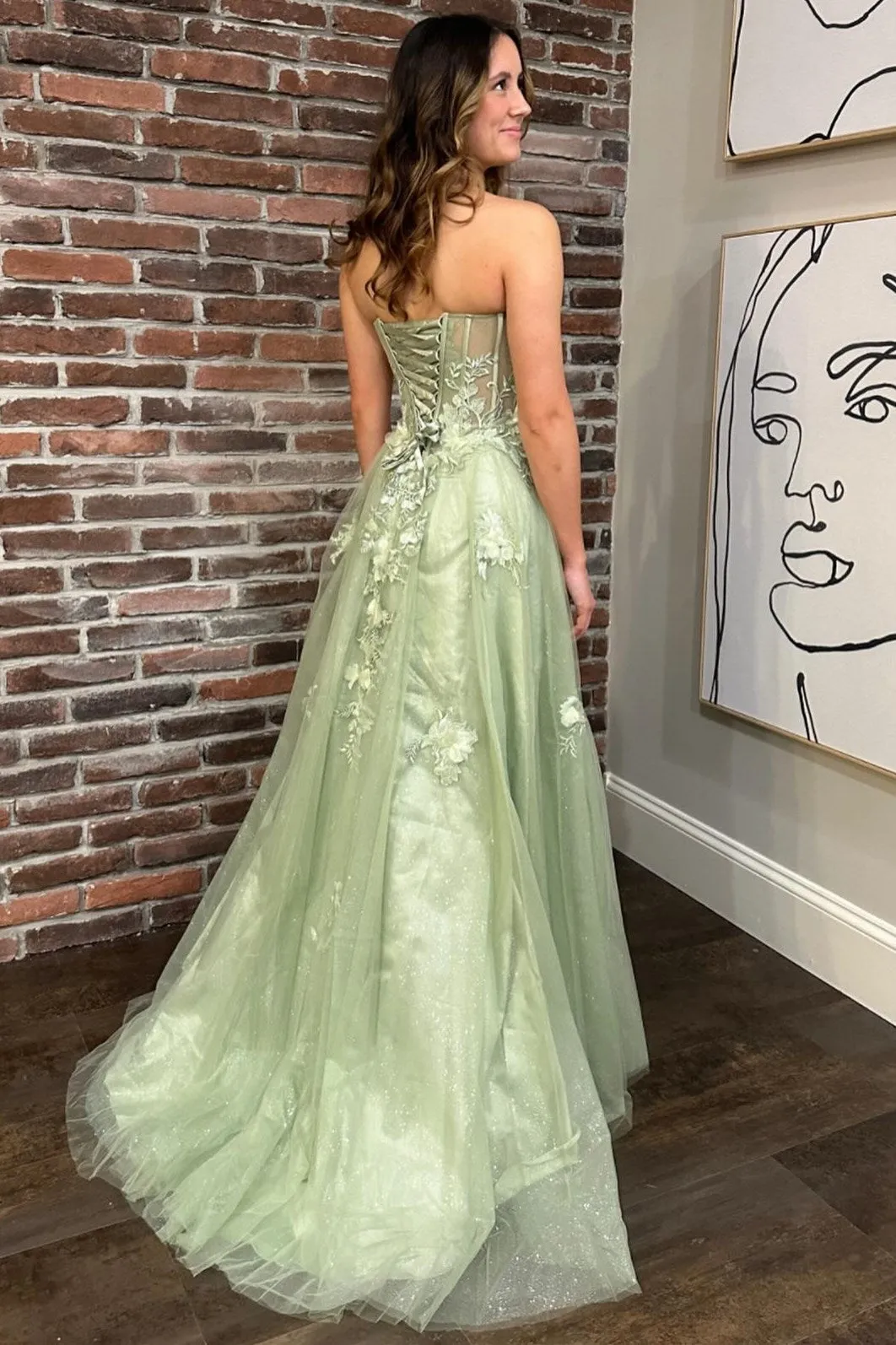 Sage Green Sweetheart Lace-Up Long Prom Dress with 3D Floral Lace sold by KissProm product image thumbnail 2